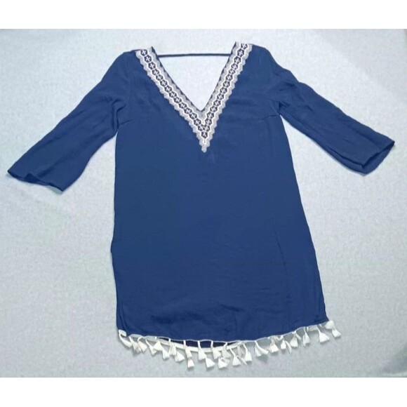 Kona Sol Other - Kona Sol Swim Cover Up Tunic Dress Small Navy Blue Embroidered Tassel Beach Boho
